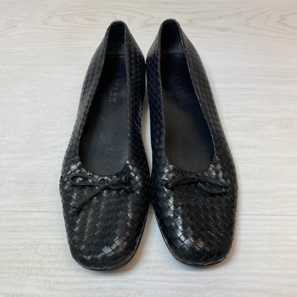 Lauren Ralph Lauren Womens 9B Ballet Flats Woven Black Leather Bow Square Toe